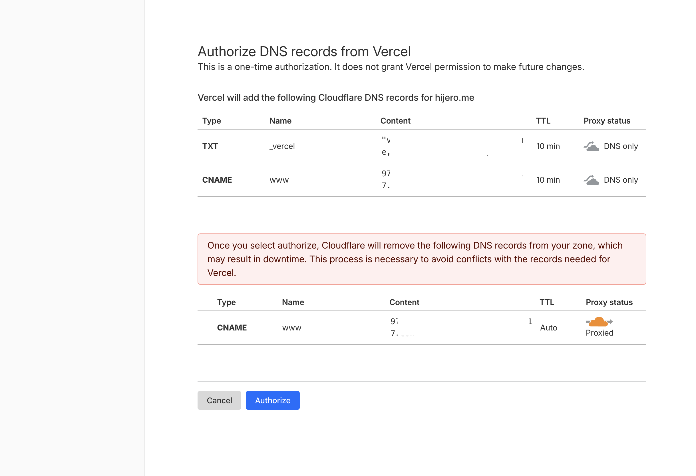 Vercel modal requesting authorization to modify Cloudflare DNS records