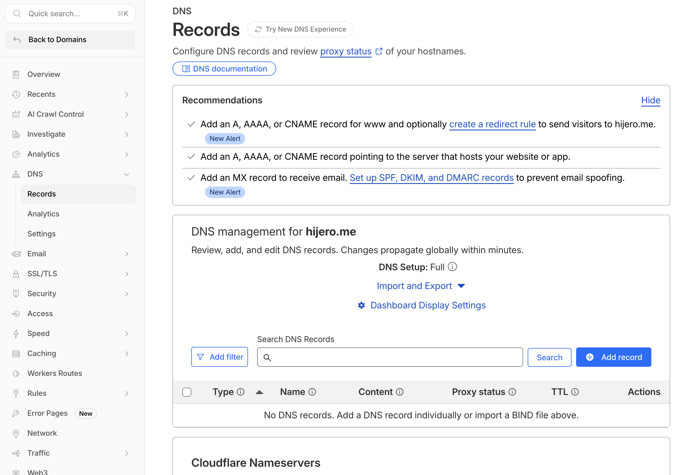 Cloudflare DNS — initial empty state