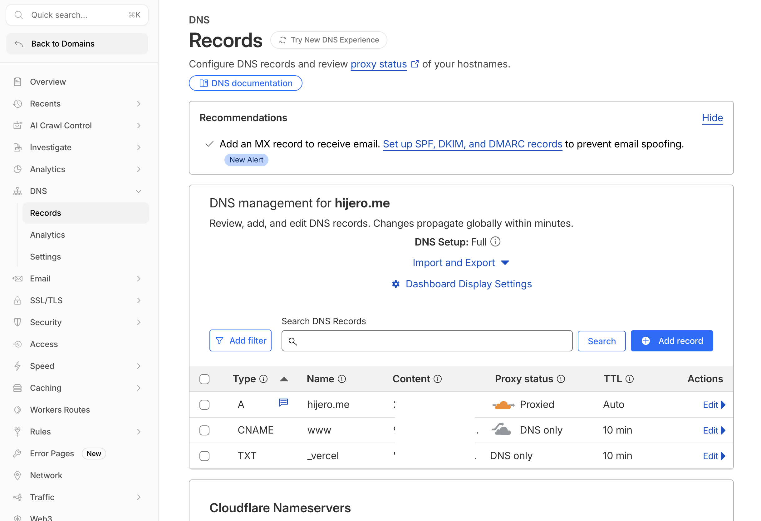 Cloudflare DNS — final state after Vercel setup