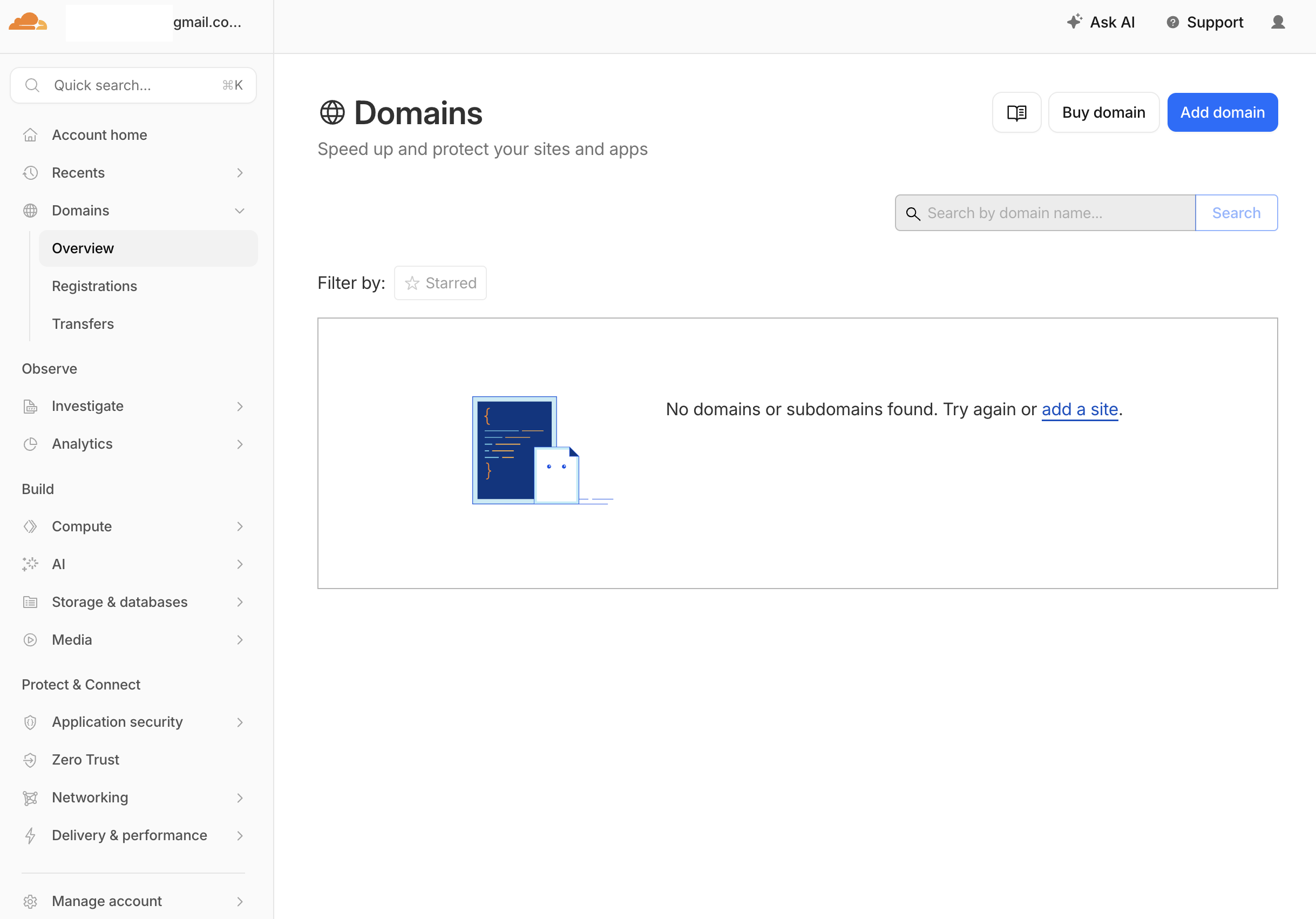 Cloudflare domain dashboard — initial empty state