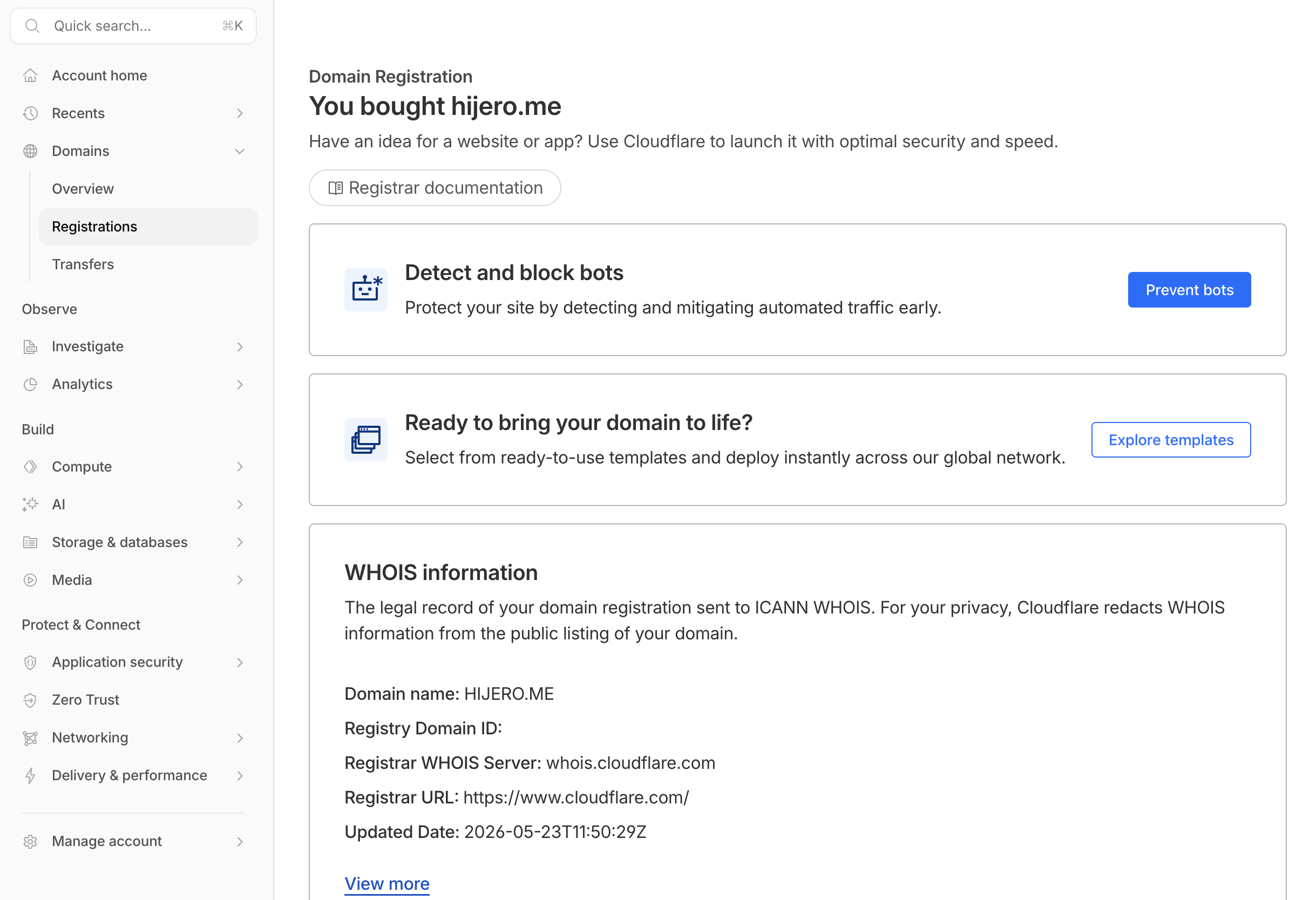 Cloudflare domain purchase confirmation
