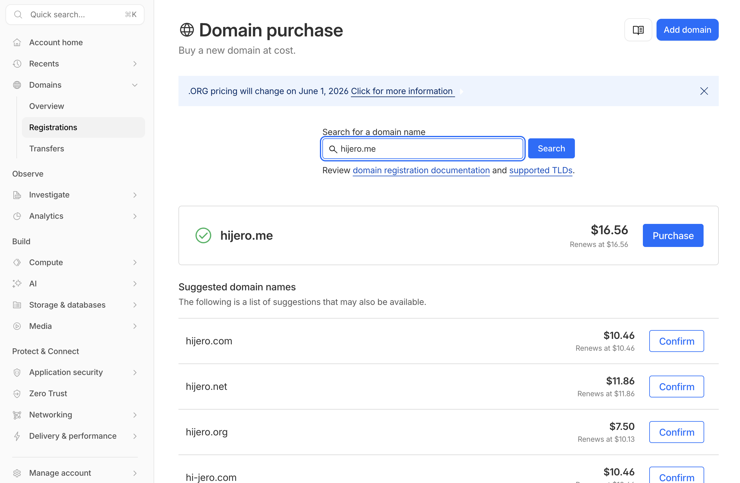 Cloudflare domain search results