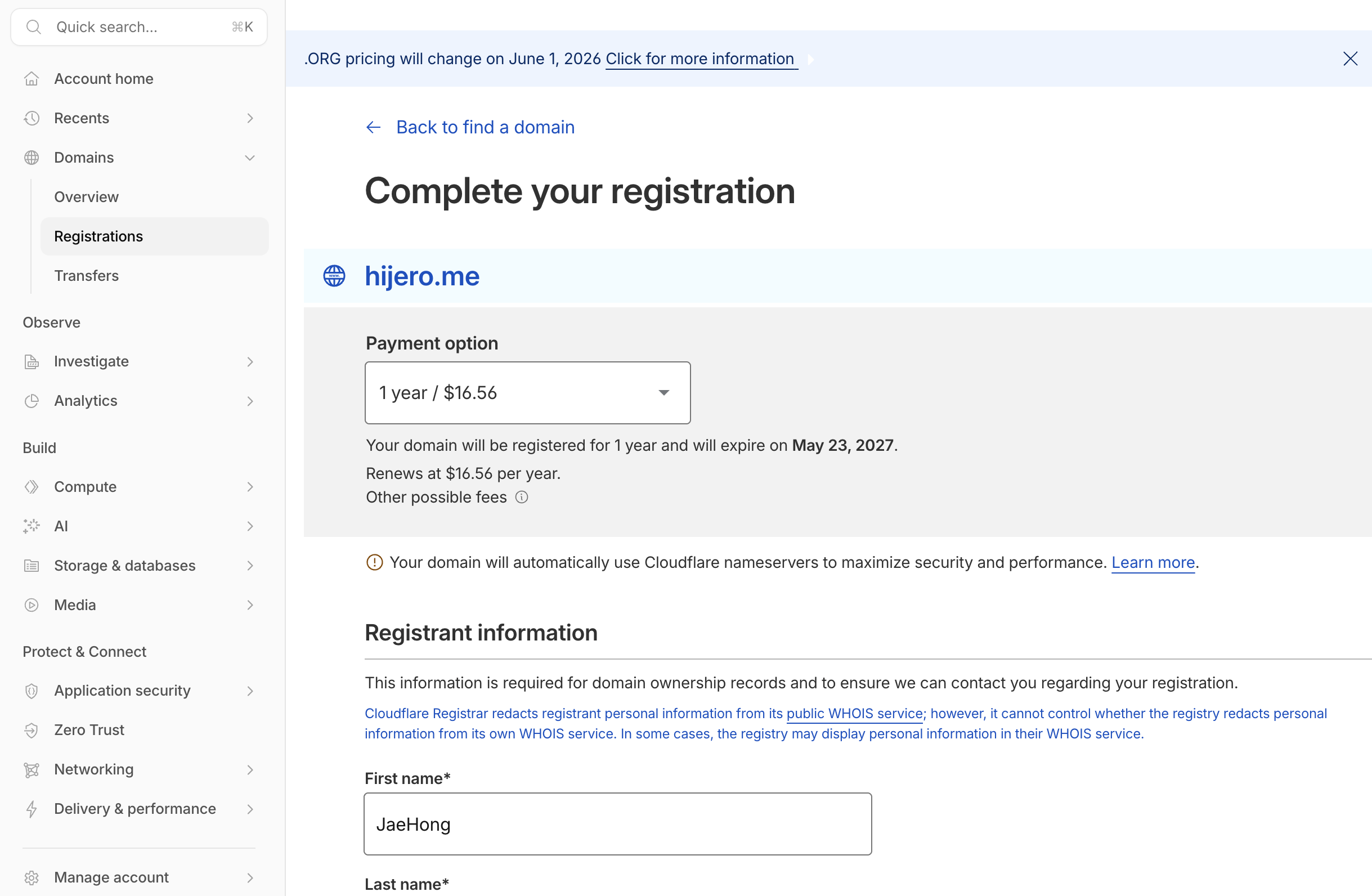 Cloudflare domain registration form